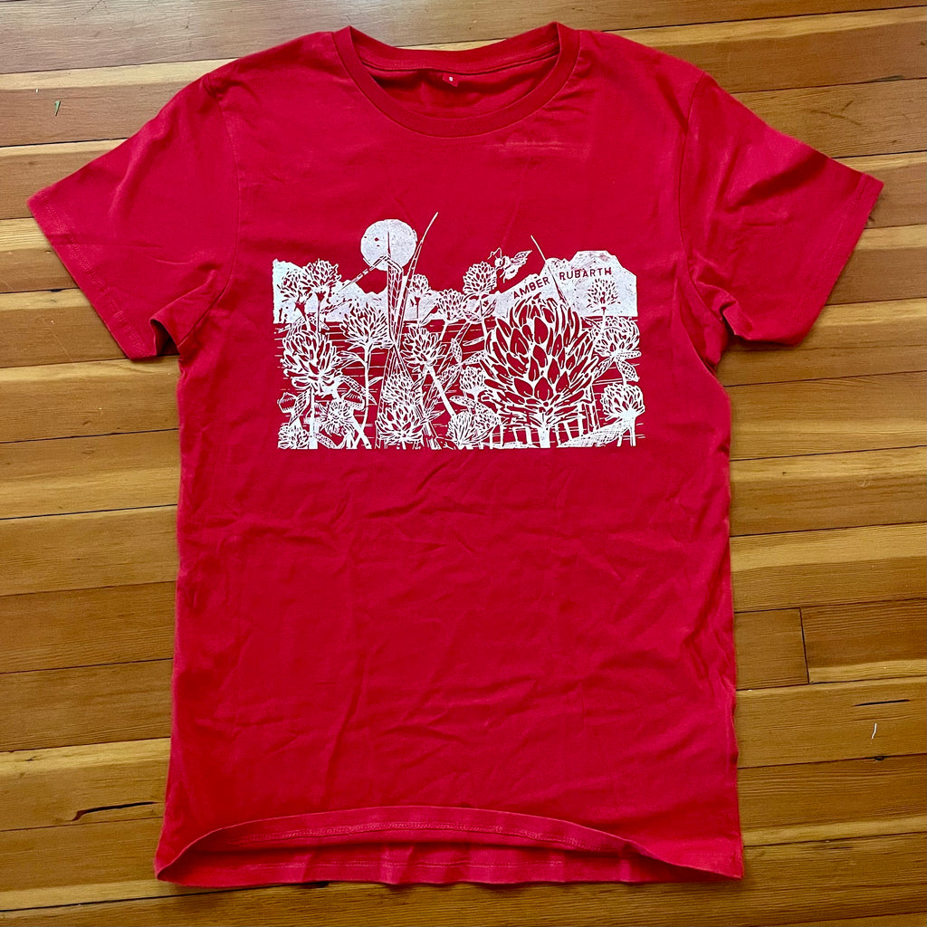 New hand-drawn and hand-printed eco-friendly salvaged Amber Rubarth t-shirts for new 'Cover Crop' album.  Design is red clover field and bumble bee at sunrise.